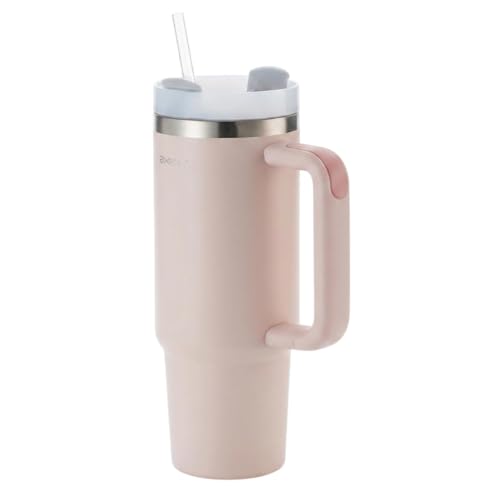 Image of AXEON Stainless Steel Tumbler with Handle & Straw - 900ml | Double Wall Vacuum, Reusable & Leak-Proof Stanley Sipper | Travel Coffee & Cold Drink Cup for Gym, Office & Travel, Rose Colour