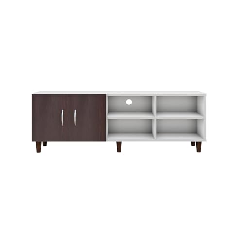 Image of VIKI Modern TV Unit for Living Room | Engineered Wood TV Cabinet with 2 Door Storage & 2 Open Shelves, Entertainment Unit, 140W x 48H x 40D cm | DIY | 1 Year Warranty (White & Wenge)