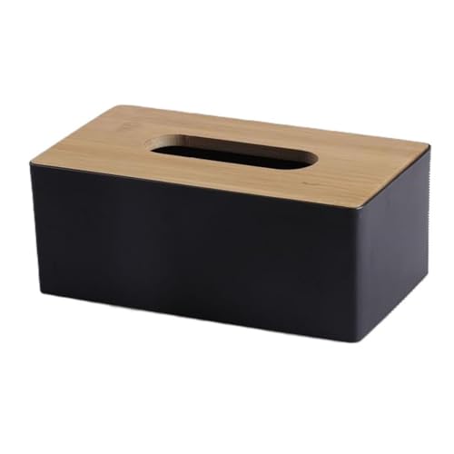 Taschentuchbox mit Bambusholzdeckel, rechteckige Taschentuchspenderbox, Kunststoff-Tücherbox für Badezimmer, Auto, Büro, 21,5 x 12 x 8,5 cm (schwarz)