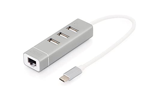 DIGITUS USB Type-C 2.0 Hub - med Fast Ethernet LAN-adapter - 3x USB-A-portar 480 Mbps - 1x RJ45-port 100 Mbps - Plug & Play - Silver