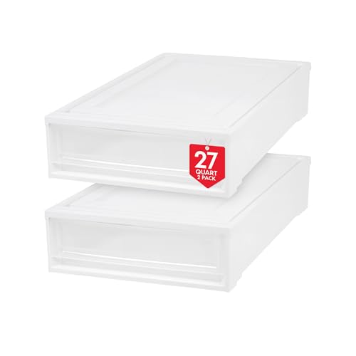 Image of IRIS USA 27 Qt. Plastic Under Bed Storage, Stackable Organizer Bin Container with Sliding Drawers, 2-Pack, Multi-Purpose For Shoe Book Off Season Items Dorm Room Essentials, White