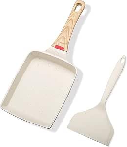 Japanese Tamagoyaki Pan Nonstick Square Frying Pan with Removable Handle and Silicone Spatula – Japanese Omelette Pan for Egg Roll, Induction, Gas, and Oven Safe (Beige)