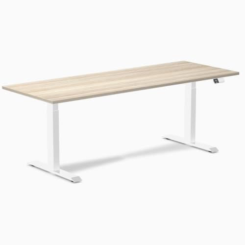 Image of Desky Electric Standing Desk, 78.7 inch Laminate Height Adjustable Sit Stand Desk, Dual Motor, 4 Memory Presets, Ergonomic Computer Workstation for Home Office - Classic Oak Top and White Frame