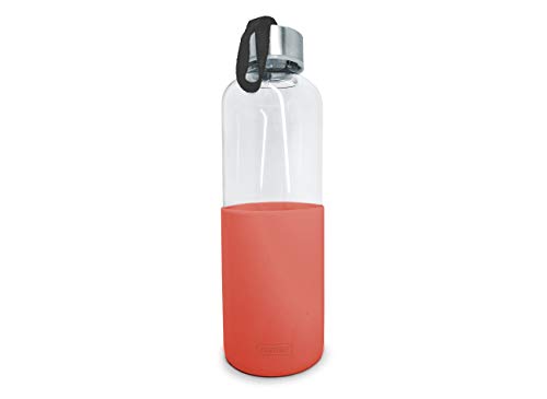 Botella de Cristal Nerthus Bottles con Funda de Silicona Color Coral y 600 ml