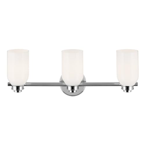 Image of Kichler Shae 3-Light Bathroom Vanity Light, Chrome | White opal glass vanity light for modern bathroom mirrors (24.25 inch x 9 inch), 55202CH