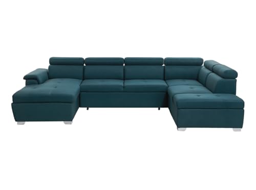 LOUNGITUDE - Canapé panoramique Convertible avec 2 coffres en Tissu - Bleu - 6 Places