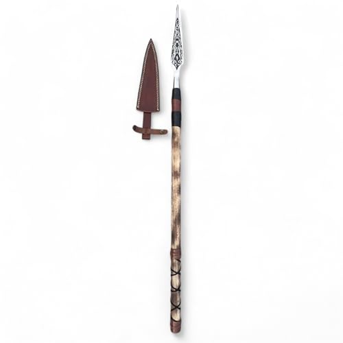 Hand Forged Viking Spear Medieval Battle High Carbon Steel Etched Norsemen Spearhead Wooden Handle with Sheath.