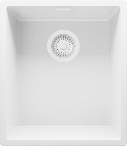 PRIMAGRAN Evier Sous Plan Tout Blanc 41x47cm, Evier en Granit 1 bac + Kit de Vidage, Évier al mueble 45cm - London S124