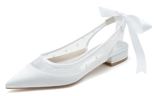Hanfike Girls Womens Wedding Flats Shoes Slingback Pointed Toe Formal Evening Pumps with Ribbon JY278