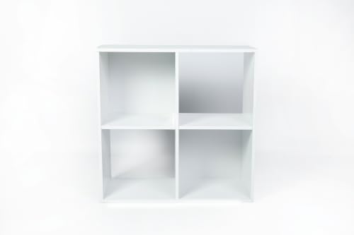 Image of Wooden Storage Shelving Unit Bookcase Home Office Use Display Furniture Living Room Decor Easy to Build (4 Cube Shelf-White)