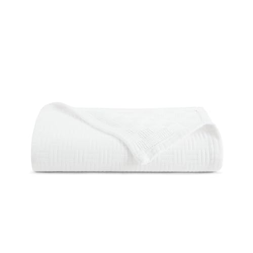 Arkwright Basket Weave Throw Blanket - 100% Ringspun Cotton All Season Throws, Luxury Hotel Quality, Soft on Skin, Breathable, 300 GSM for Bed, Sofa, and Chair, 50 X 70 in, White