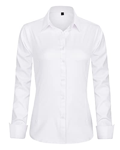 J.VER Camisas de Vestir para Mujer, de Manga Larga, con Botones, sin Arrugas, Blusa de Trabajo sólida, Blanco, Large