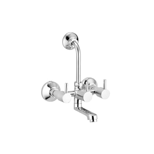 Image of iRiS 2-in-1 Brass Wall Mixer Tap with Overhead Shower Provision | 125mm Long Bend Pipe | Visible Hot & Cold Indicators | Chrome Finish Bathroom Faucet | Wall-Mounted Brass Tap