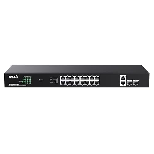 Tenda 20 Port Gigabit PoE Switch | Rackmount PoE Ethernet Switch | 16*PoE+ Port & 2*Gigabit Uplink & 2*SFP Slot | Up to 250W | Smart Power Management | One-Key VLAN / Priority / Extend Mode (TEG1120P)
