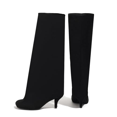 Women's Suede Knee High Boots Square Toe Wide Calf Stiletto Low Heels Fashionable Kitten Heel Pull-On Tall Winter Boots for Ladies2
