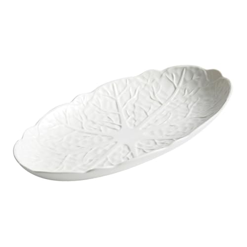 TOYANDONA Plateau de Service en Céramique 12 Pouces Assiette à Vapeur pour Poisson Plat Ovale Motif Chou Blanc Multifonction pour Maison et Restaurant Plat de Collation Résistant et