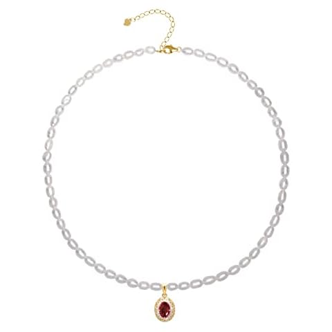 2023 New 925 Sterling Silver Dainty Freshwater Cultured Pearl Strand Choker Necklace Red Artifical Gem Pendant White Genuine Real Pearls Jewelry Gifts for Her 4-5mm Red Cover