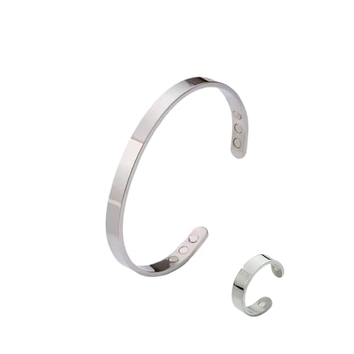 Flreaxmo Kalm Bracelet Ring Set for Women Menopause Bracelets Adjustable Bangle Stainless Steel Cuff Climacterium Anxiety Stress Relief Energy Open Jewelry Gift (Silver + Silver)