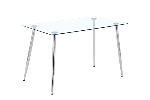 GOLDFAN Table de Salle à Manger en Verre Table à Manger Rectangulaire Table de Cuisine AVCE Pieds en Métal pour Salon Bureau ，Argent 110x70x75cm