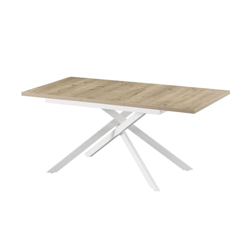B&D home Esstisch BEA, ausziehbar 120-160 x 80 cm, 4-6 Personen Küchentisch Holztisch mit Kreuzgestell weiß für Küche, Esszimmer, Industrial modern Design, Sandeiche Optik, 11202-XW-EISA-P