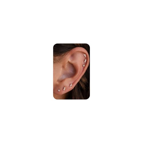 PRTGL Flat Back Earringg - 6pcs 14k Gold Plated Tiny Dainty Cubic Zirconia CZ Flatback Stud Flat Back Earrings for Women Cartilage Helix Flatback Ear Stacking