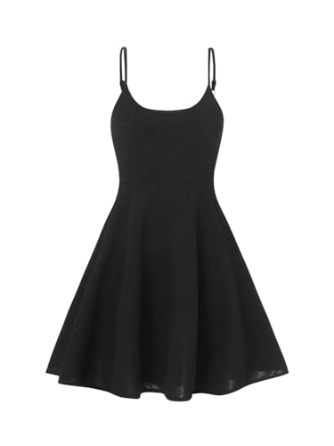 OYOANGLE Girl's Spaghetti Straps Cami Dress Solid High Waist Flared Knee Length Dresses