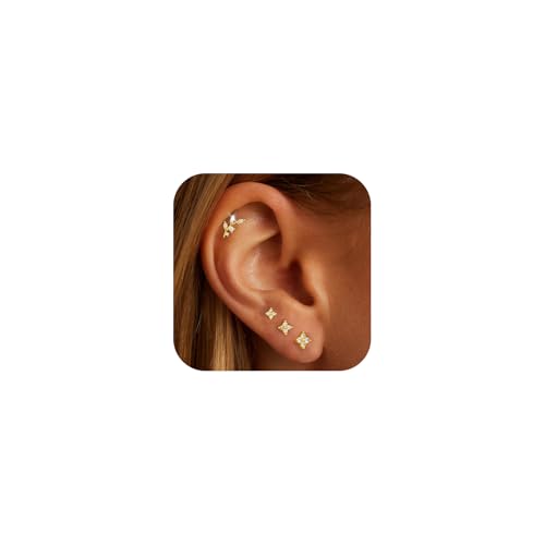Bheop 14K Gold Plated Stud Earrings for Women Trendy Hypoallergenic Post Leaf Cartilage Tragus Earring Set for Multiple Piercing Dainty Cute Small Cubic Zirconia Flower Earrings Stack Jewelry