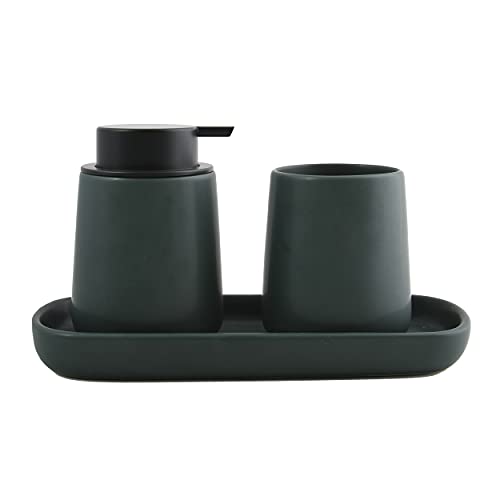 MSV Badezimmer Set, 3-teiliges Badzubehör aus Keramik Maonie Seifenspender, Badablage für Schmuck und Zahnputzbecher Dunkelgrün