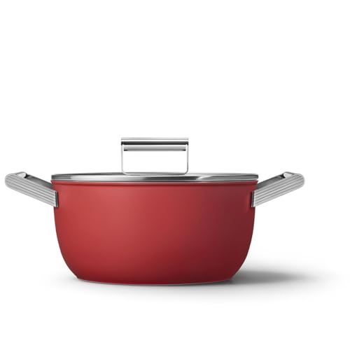 Image of Smeg, CKFC2411RDM Non-Stick Casserole with Lid Included, Diameter 24 cm, Stainless Steel Side Handles, Suitable for All Hobs, Up to 250 in the Oven, Capacity 4.6 L, Red