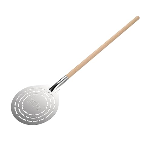 ZiiPa Pizzaschaufel, rund, perforiert, Civita • Edelstahl in Lebensmittelqualität • Ergonomischer Holzgriff • Ø 20 cm • Pizzawerkzeug • Pizza-Werkzeug für Zuhause • Pizzaofen aus Holz/Gas • Einfache