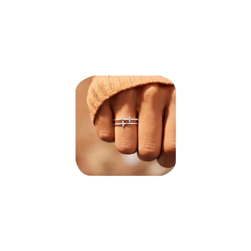 Double Cross Ring 18k Gold Plated 925 Sterling Silver Cubic Zirconia Simple Plain Stackable Statement Promise Rings Inspiration Christian Ring Faith Hope Love Cross Religious Ring Gift (Silver 9#)
