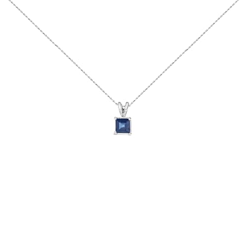 14K White Gold 5x5 MM Square Shaped Blue Sapphire Solitaire Pendant Necklace