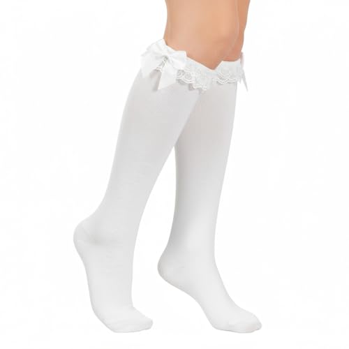 Telooco Lolita Socken Mädchen Weiß Kniestrümpfe Damen Schleife Socken mit Rüschen Gekräuselte Baumwollsocken Söckchen Mädchen Prinzessin Loli Rüschensocken Schleife Kniestrümpfe Kinder