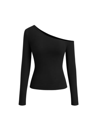 CIDER One Shoulder Long Sleeve Casual Top for Women 2025 Fall Ribbed Knit Slim Fit Pullover Shirt