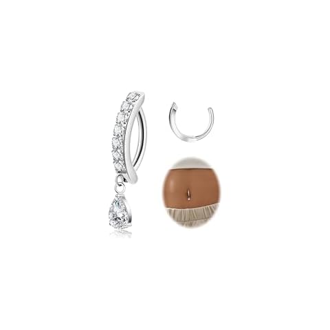 Masedy 14G G23 Titanium Clicker Belly Button Rings for Women Teardrop CZ Dangle Belly Button Rings Curved Reverse Barbell Navel Rings Hypoallergenic Belly Piercing Jewelry Silver Cover