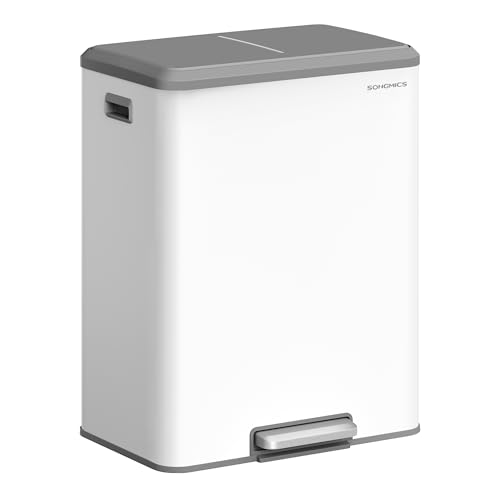 SONGMICS Papelera de Cocina, 2 x 30 L Cubo Doble para Reciclaje y Basura, Cubos Interiores, Acero, Tapa de Cierre Suave, Pedal Ancho y Robusto, Blanco Nube LTB556W02