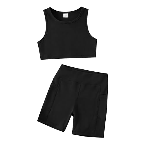 Image of Chichoo Girl's 2 Piece Athletic Outfits Workout Sets Sleeveless Crop Tank Tops and Bike Shorts Gymnastic Yoga Summer Kid 2-6Y