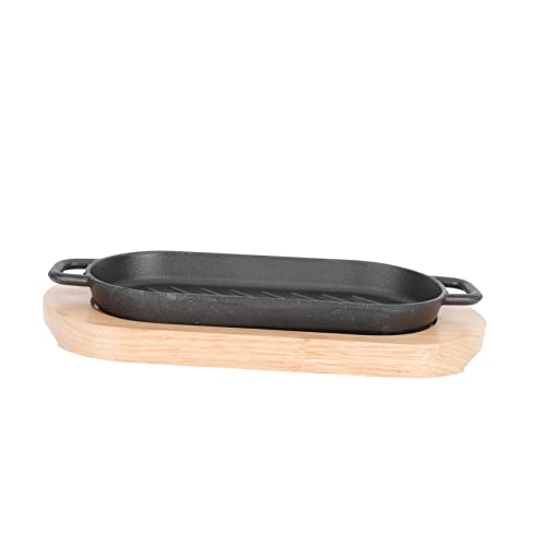 KICHOUSE 1 Juego Plancha De Hierro Fundido Hibachi Plato Chisporroteante Sartén Parrilla Accesorio De Cocina Plato De Fritura De Pescado Plato De Bistec Placa Antiadherente Madera Black