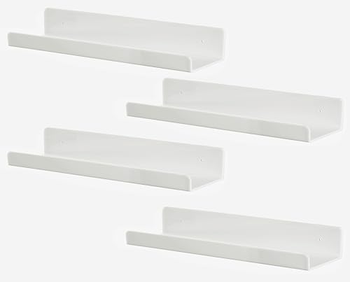 Image of 4 PCS White Acrylic Floating Shelves Display Ledge,Wall Mounted Nursery Kids Bookshelf,5mm Thick U Shelf 15 Inch Bathroom Wall Shelf and Storage Rack