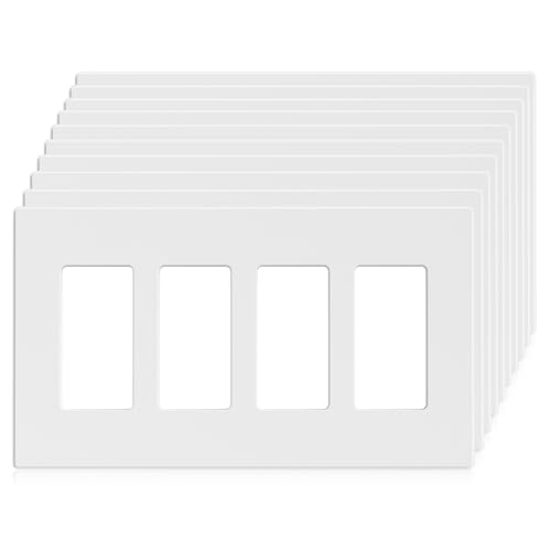 Image of ELEGRP 4-Gang Screwless Decorative Wall Plates, Mid-Size Unbreakable Thermoplastic Faceplate Cover for Decorator Receptacle Outlet Switch, UL Listed (10 Pack, Matte White)