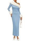 ZESICA Womens Off The Shoulder Faux Fur Sweater Dress 2026 Winter Formal Long Sleeve Bodycon Maxi Christmas Cocktail Dresses,Blue,Medium