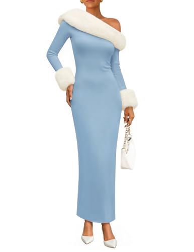 ZESICA Womens Off The Shoulder Faux Fur Sweater Dress 2026 Spring Winter Formal Long Sleeve Bodycon Maxi Cocktail Dresses,Blue,Medium