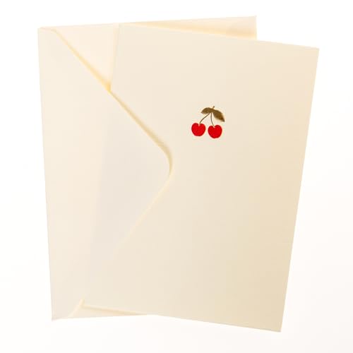 Image of Graphique Cherries Cards, Pack of 10 Cards with Envelopes, All Occasion Greetings, Blank Inside, Gold Foil Embossing, La Petite Press Collection Boxed Set, 3.25 inch x 4.75 inch