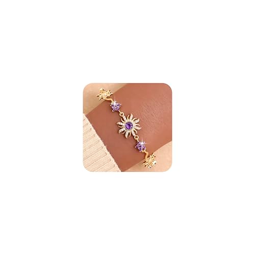 Frigotine Gold Sun Flower Link Bracelet for Women Dainty Sparkly Purple Rhinestone Floral Star Adjustable Box Chain Bracelets Prom Wedding Accessories Fashion Jewelry Gift