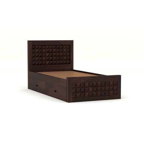 Image of Solid Sheesham Wood Single Size Bed with 2 Drawer Storage Wooden Single Cot Bed for Home Living Room Bedroom Guest Room Hotel (Walnut, Size 6 * 4)