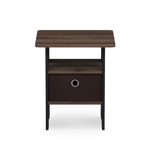 Image of Furinno ANDREY Square Side Table, End Table, Night Stand, Columbia Walnut | Open Shelves and Storage Bin, Bedside Table, for Living Room, Bedroom