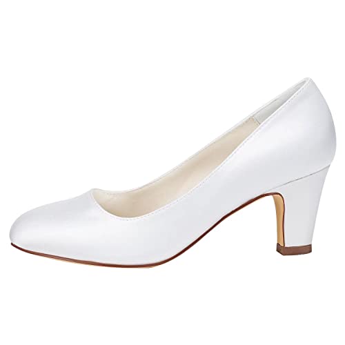 Emily Bridal Women's Lace Satin Chunky Heel Closed Toe Pumps with Others2