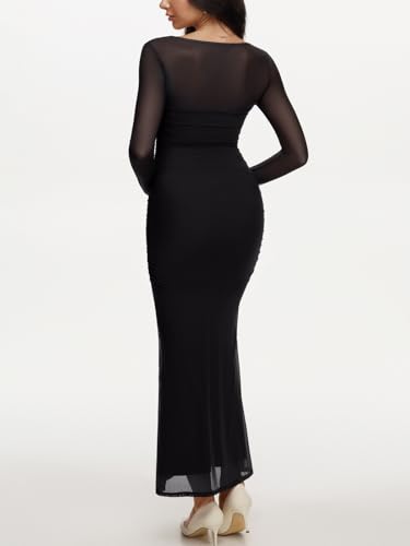 REORIA Fall Maxi Dresses for Women Sheer Mesh Long Sleeve Square Neck Ruched Bodycon Long Dress Cocktail Party Club Outfits4