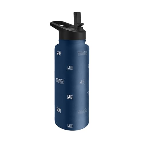 Image of Logo Brands NCAA Jackson State Tigers Step & Repeat 34 oz Stainless Steel Quencher Bottle - All Over Logo Design, No-Spill Lid, Easy Carry Handle - Keeps Drinks Cold For Hours