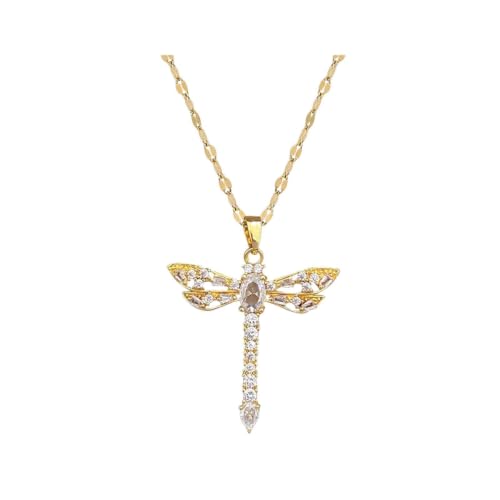 Collar grueso, elegante collar con colgante de libélula de cristal de circonita para mujer, impermeable, dorado, joyería de regalo